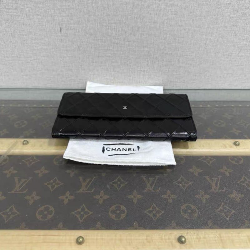 CHANEL 黑銀菱格紋長夾 98新配件塵袋保卡-3