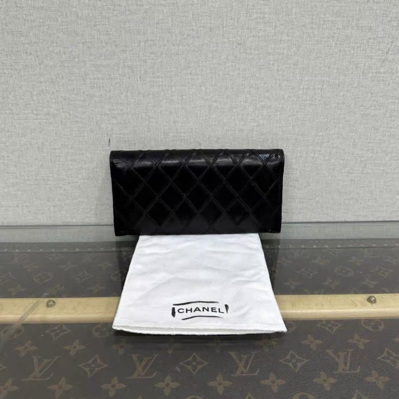 CHANEL 黑銀菱格紋長夾 98新配件塵袋保卡-5