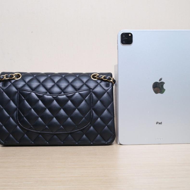 CF 口蓋包 中號 25.5cm 黑色 皮革S 29開 金扣 菱格紋-1