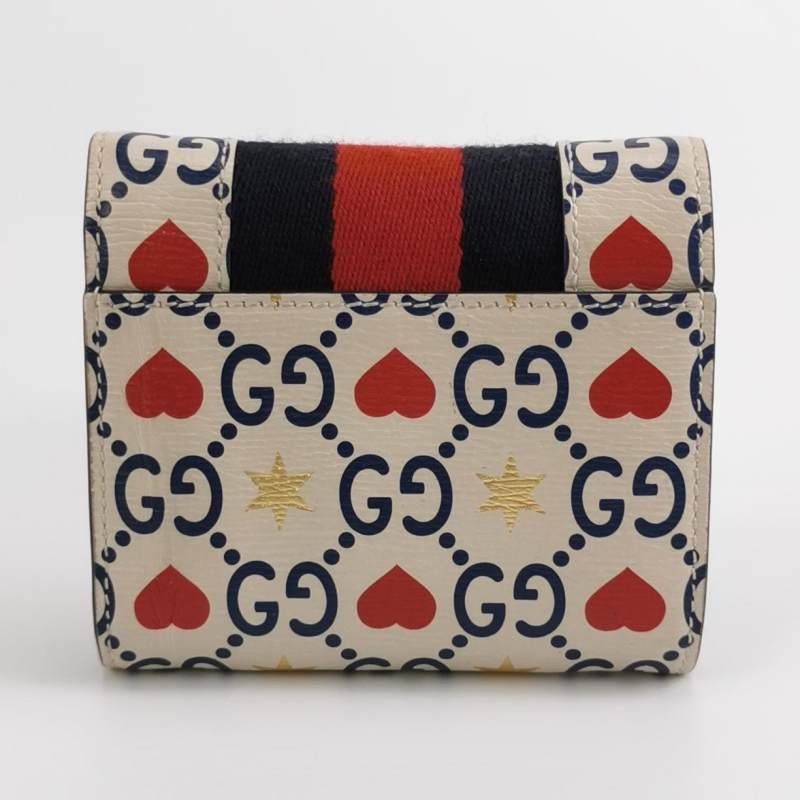 Gucci Sylvie 塞爾維亞 牛皮 帆布 拼色 雙G 愛心 印花 字母 Logo 金屬扣 織帶 皮夾-3