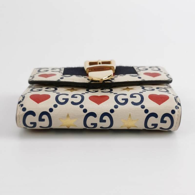 Gucci Sylvie 塞爾維亞 牛皮 帆布 拼色 雙G 愛心 印花 字母 Logo 金屬扣 織帶 皮夾-4