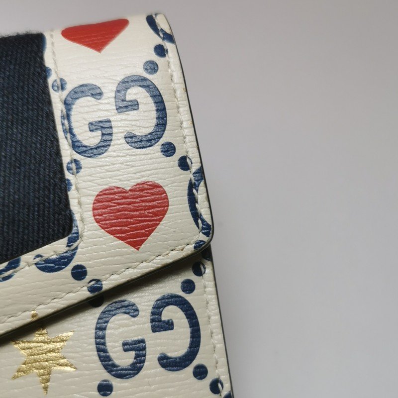 Gucci Sylvie 塞爾維亞 牛皮 帆布 拼色 雙G 愛心 印花 字母 Logo 金屬扣 織帶 皮夾-9