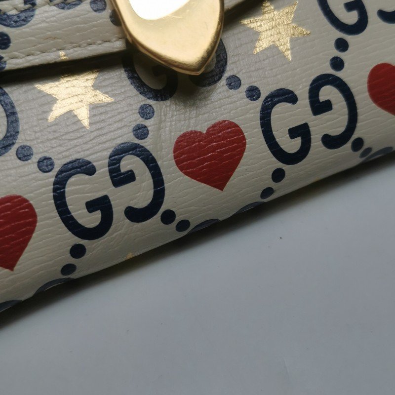 Gucci Sylvie 塞爾維亞 牛皮 帆布 拼色 雙G 愛心 印花 字母 Logo 金屬扣 織帶 皮夾-10