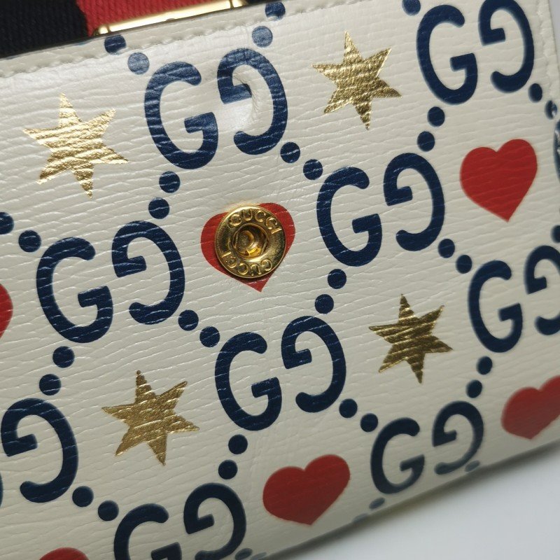 Gucci Sylvie 塞爾維亞 牛皮 帆布 拼色 雙G 愛心 印花 字母 Logo 金屬扣 織帶 皮夾-13
