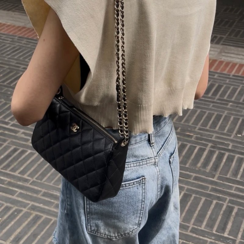 CHANEL黑金25A大麻醬魚子醬牛皮腋下 HOBO包21*12*5.5 全新閒置配件盒子塵袋購證-0