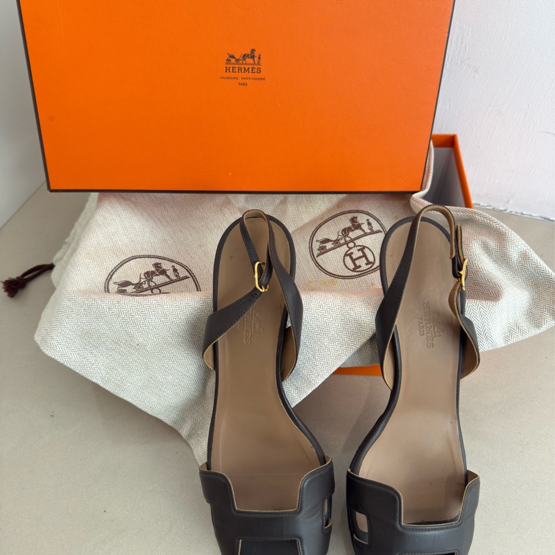 二手HERMES咖啡色JOY70經典H細跟涼鞋-0