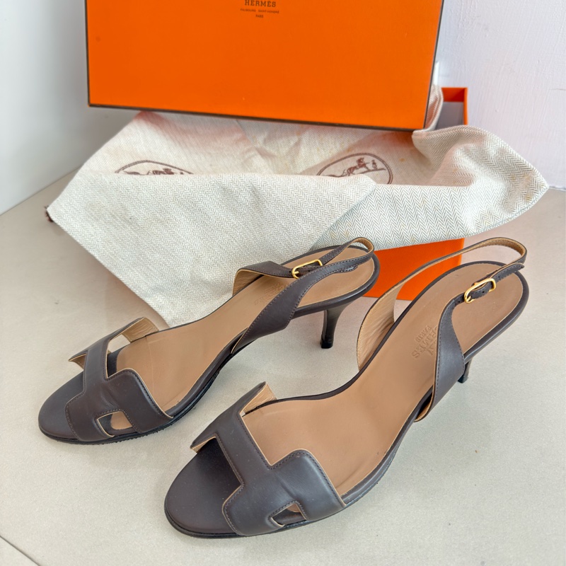 二手HERMES咖啡色JOY70經典H細跟涼鞋-1