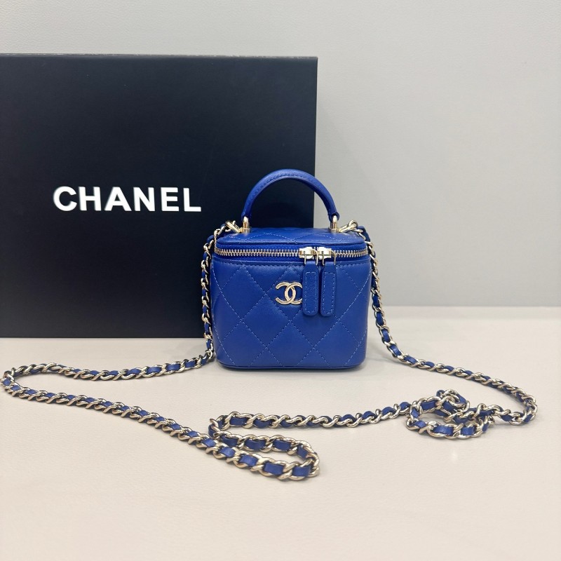 Chanel/香奈兒 霧霾藍手柄迷你化妝包盒子包 鏈條斜背包 肩背包 31開-0