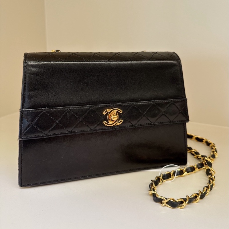 CHANEL 黑色中古掀蓋鏈條包 1開 vintage-0