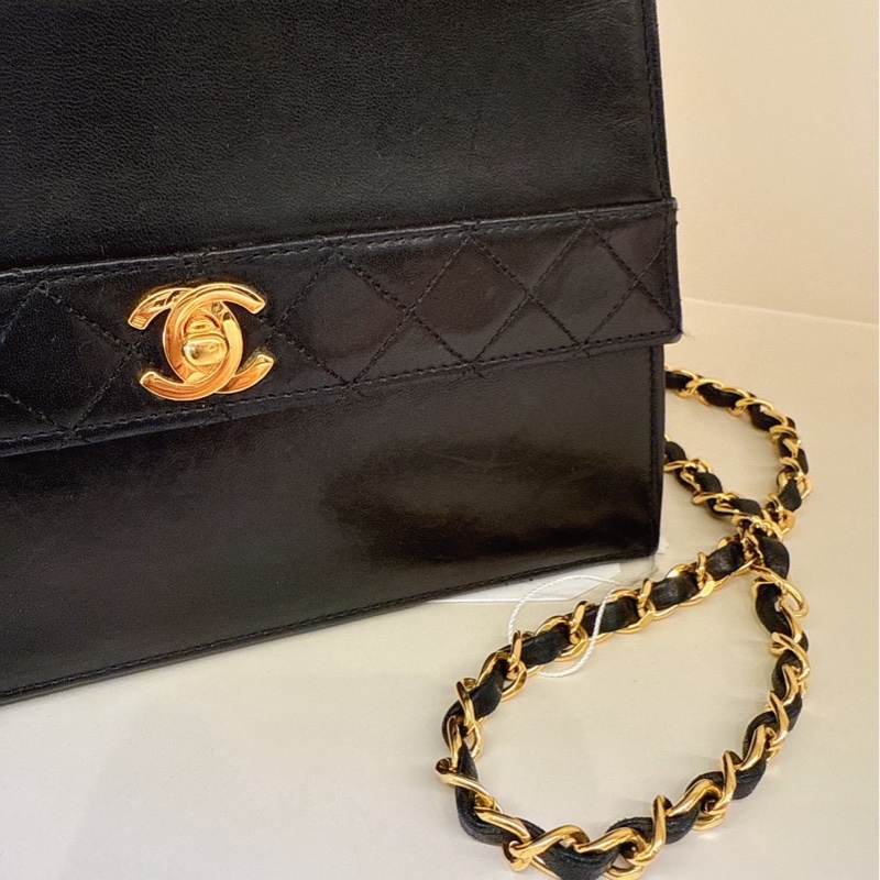 CHANEL 黑色中古掀蓋鏈條包 1開 vintage-1