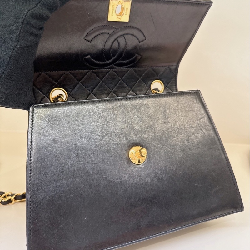 CHANEL 黑色中古掀蓋鏈條包 1開 vintage-7