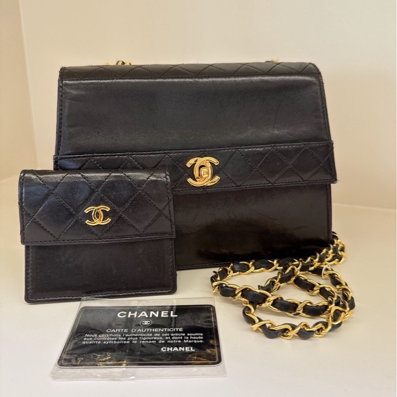 CHANEL 黑色中古掀蓋鏈條包 1開 vintage-10