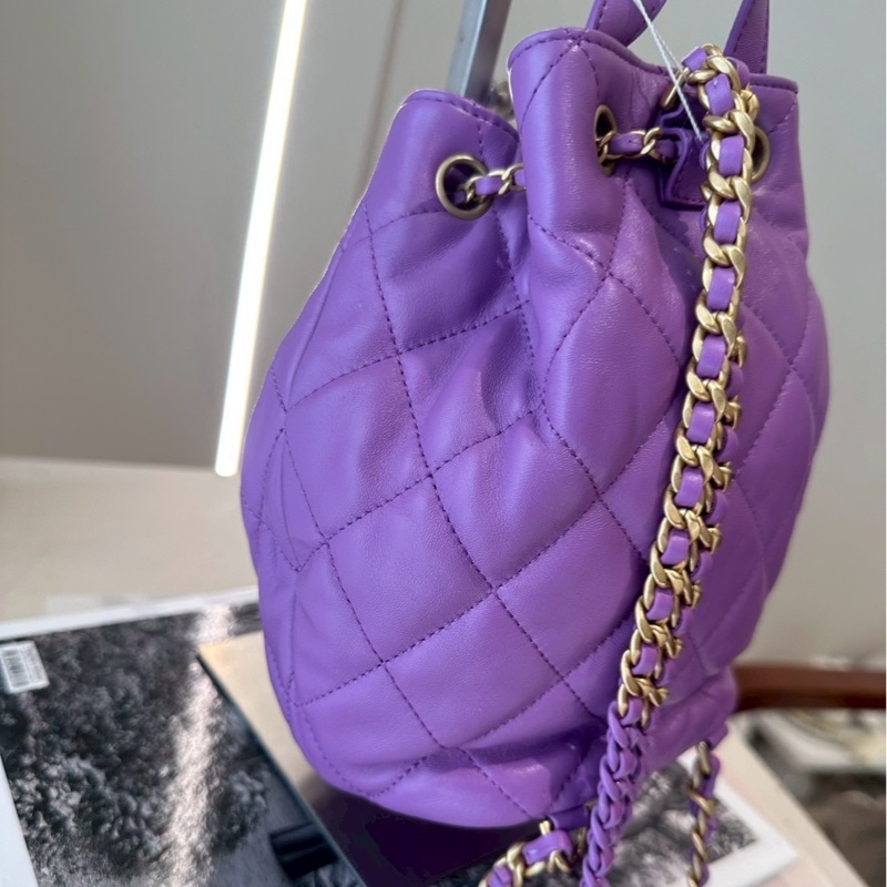 CHANEL 紫色抽繩雙肩包後背包 芯片款-3