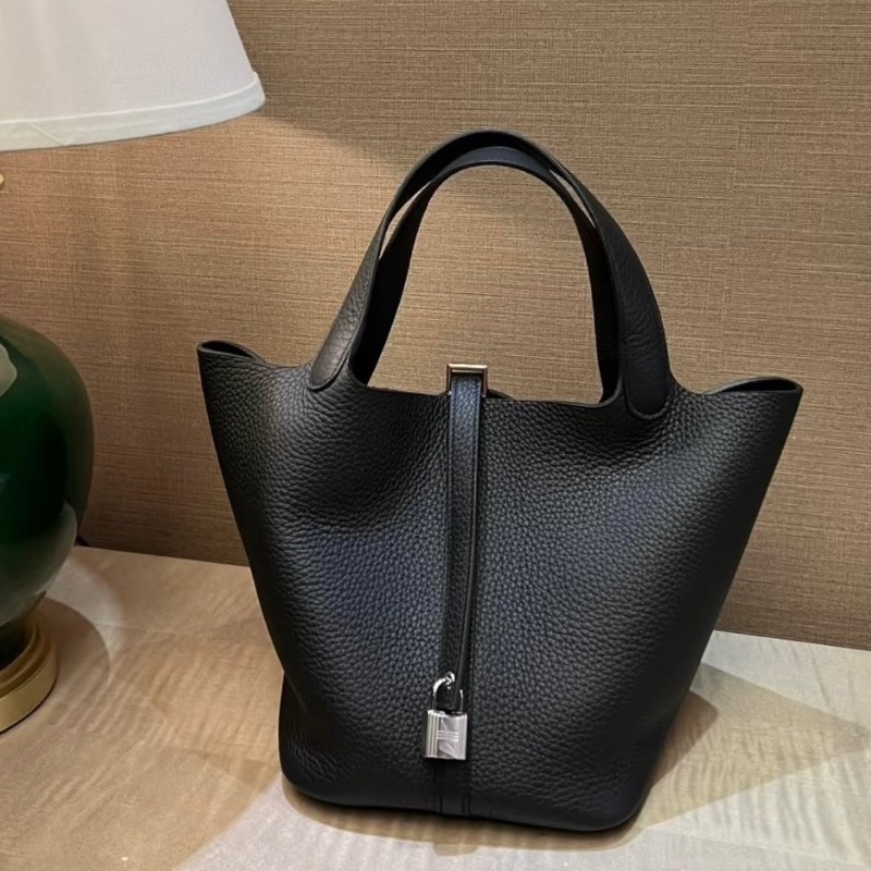 Hermes愛馬仕  picotin 菜籃子22 黑銀 手提包 水桶包 TC皮 Z刻-0