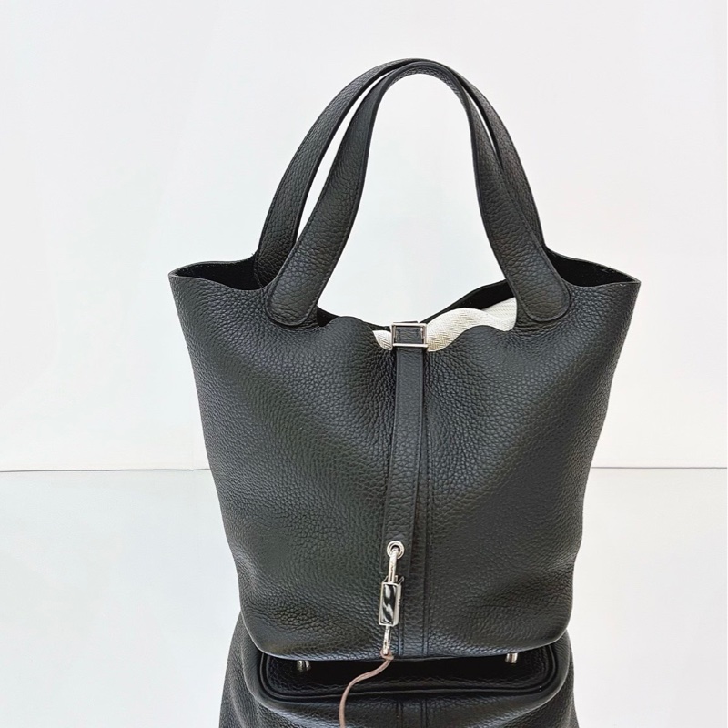 Hermes愛馬仕  picotin 菜籃子22 黑銀 手提包 水桶包 TC皮 Z刻-1