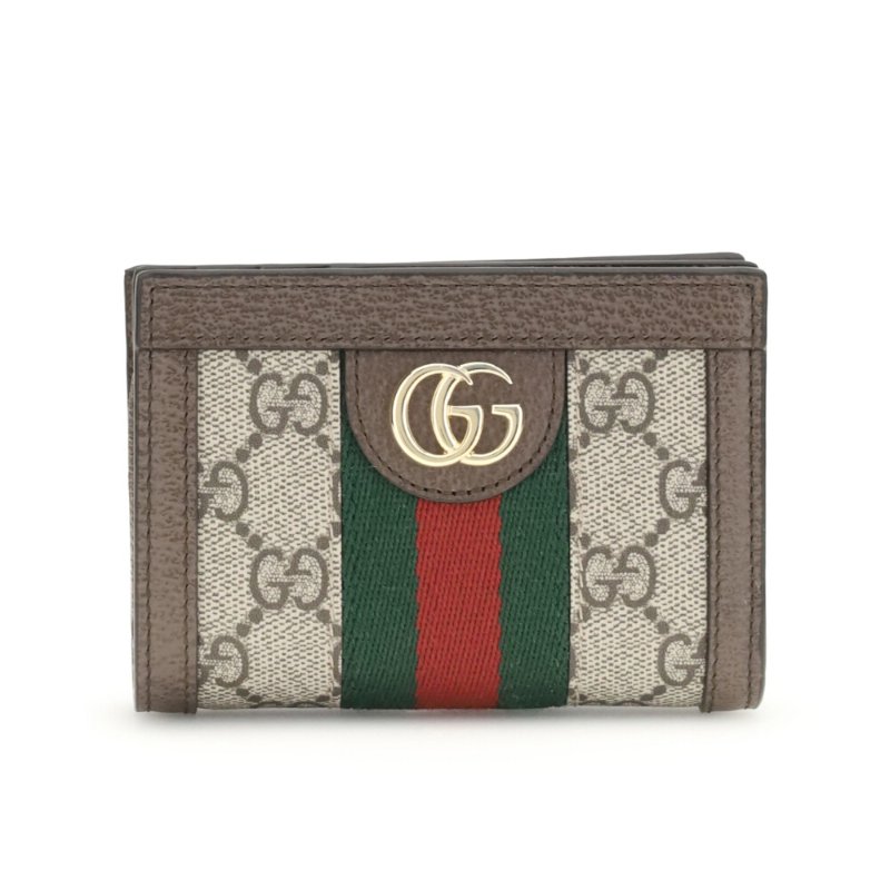 【GUCCI 古馳】Ophidia Small GG 帆布 牛皮 卡夾 皮夾 零錢包 短夾 米色 烏木色 813296-0