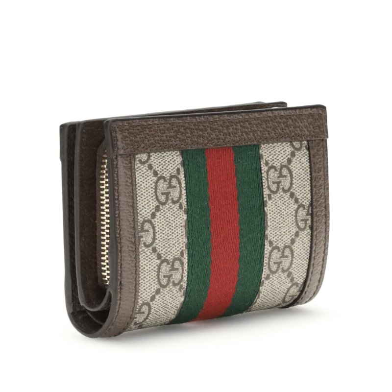 【GUCCI 古馳】Ophidia Small GG 帆布 牛皮 卡夾 皮夾 零錢包 短夾 米色 烏木色 813296-4