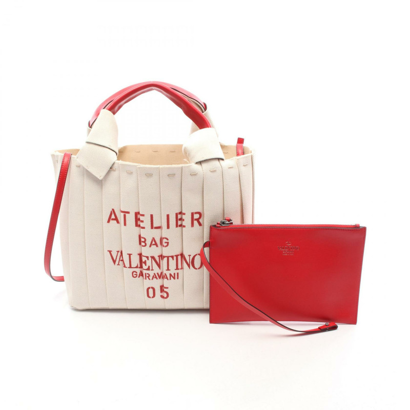 Valentino ATELIER BAG 05 手提包 單肩包 帆布 皮革 米色 紅色 二手 女士-0