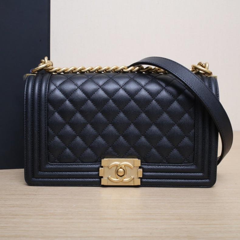 Leboy 中號 25cm 黑色 荔枝皮革C 晶元開 金扣 菱格紋-0