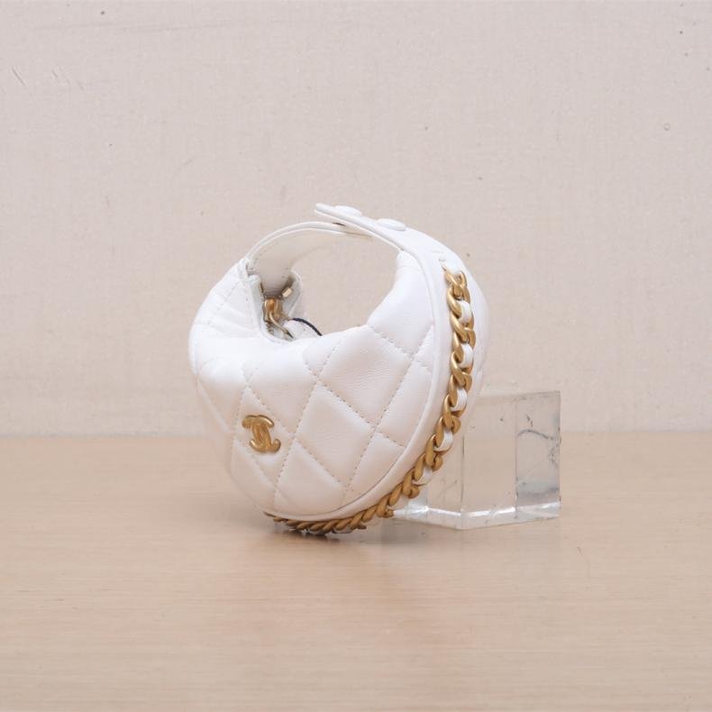 23C 呼啦圈月牙包 16cm 白色 皮革S 鐳射標 金扣 皮穿鏈滾邊 25A 超Mini 13cm-3