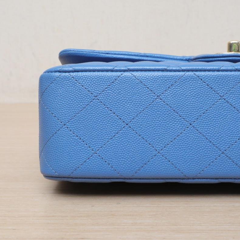 CF 口蓋包 中號 25.5cm 藍色 荔枝皮革C 30開 金扣 菱格紋-4