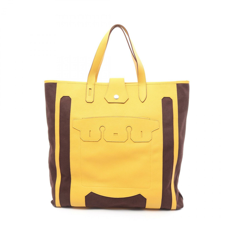 愛馬仕 Monsieur B GM 手提包，GM 帆布，Clemence 皮革，棕色/黃色，二手-0