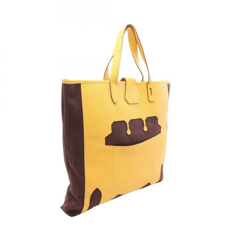 愛馬仕 Monsieur B GM 手提包，GM 帆布，Clemence 皮革，棕色/黃色，二手-1