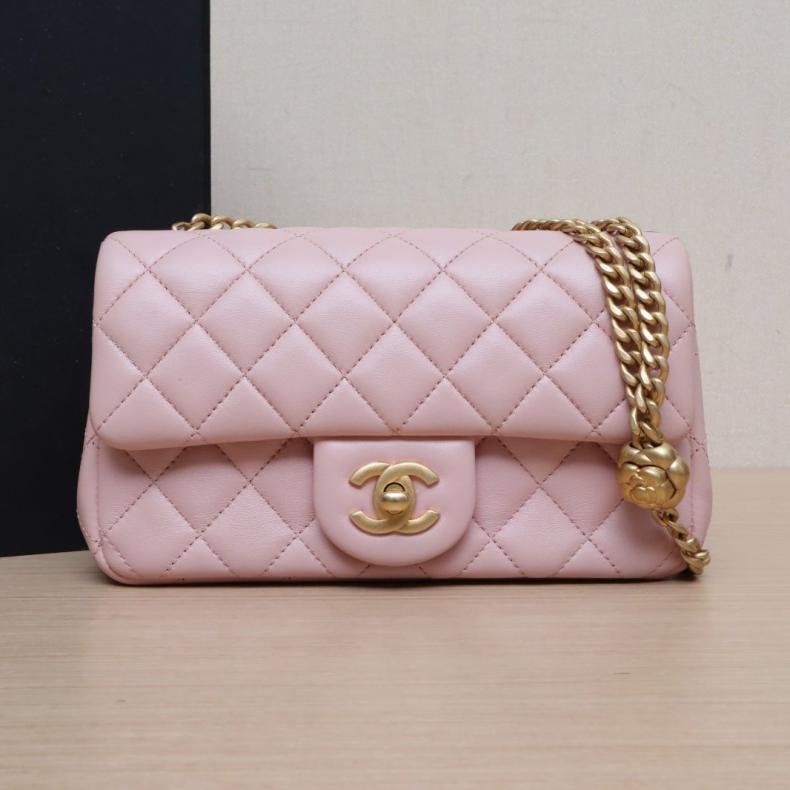 23S CF 口蓋包 大Mini 20cm 粉色 皮革S 晶元開 金扣 山茶花調節扣肩帶-0