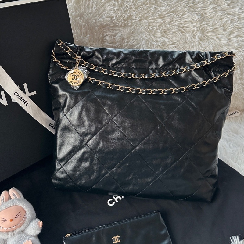 全新 香奈兒 Chane 25c 22bag 中號 黑金 黑色 金扣 垃圾袋 托特包 牛皮 手提 腋下-1
