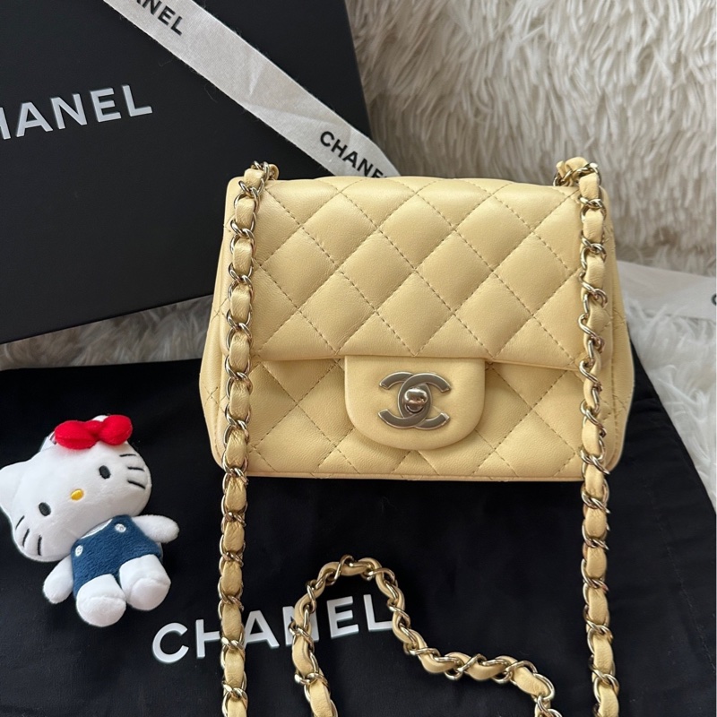 香奈兒 Chanel 22P 方胖子 黃色 淺黃色 淡黃色 金扣 羊皮 手提 單肩 斜挎-0