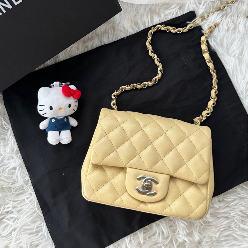 香奈兒 Chanel 22P 方胖子 黃色 淺黃色 淡黃色 金扣 羊皮 手提 單肩 斜挎-1