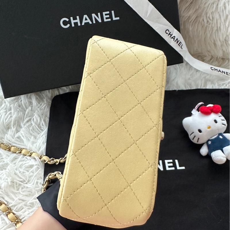 香奈兒 Chanel 22P 方胖子 黃色 淺黃色 淡黃色 金扣 羊皮 手提 單肩 斜挎-5