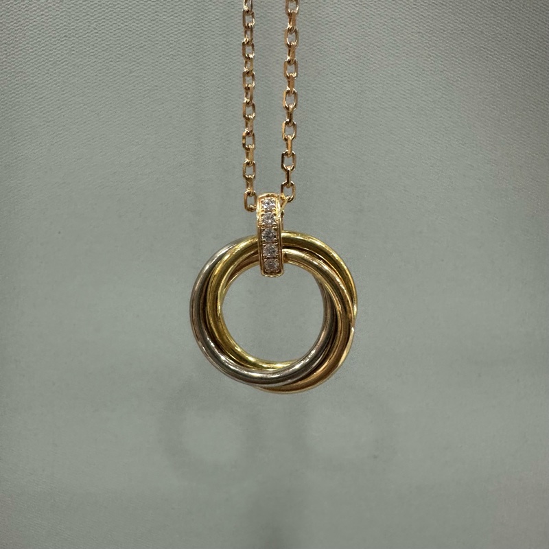 Cartier TRINITY 金銀色鑽石三環項鏈-0