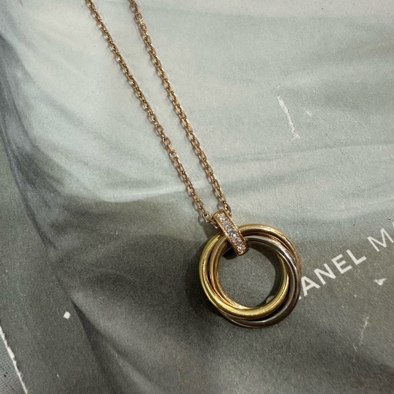 Cartier TRINITY 金銀色鑽石三環項鏈-2