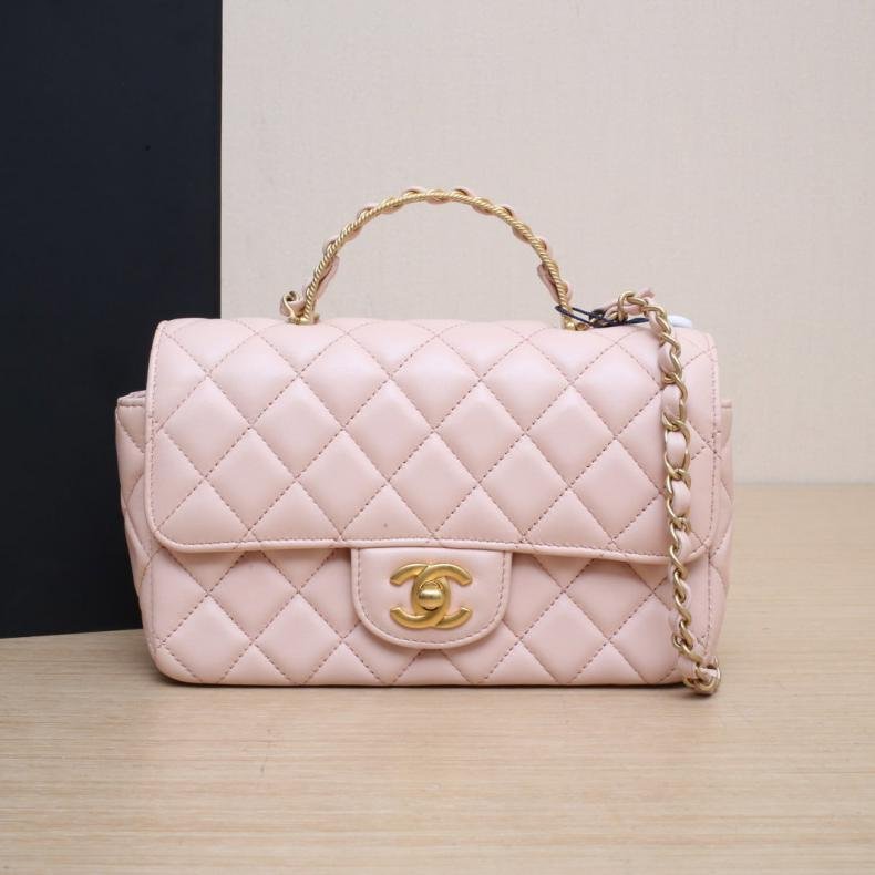 23S CF 口蓋包 大Mini 20cm 粉色 皮革S 晶元開 金扣 雙圈皮穿鏈手柄-0