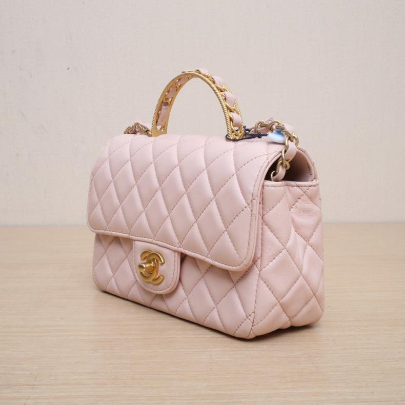 23S CF 口蓋包 大Mini 20cm 粉色 皮革S 晶元開 金扣 雙圈皮穿鏈手柄-1