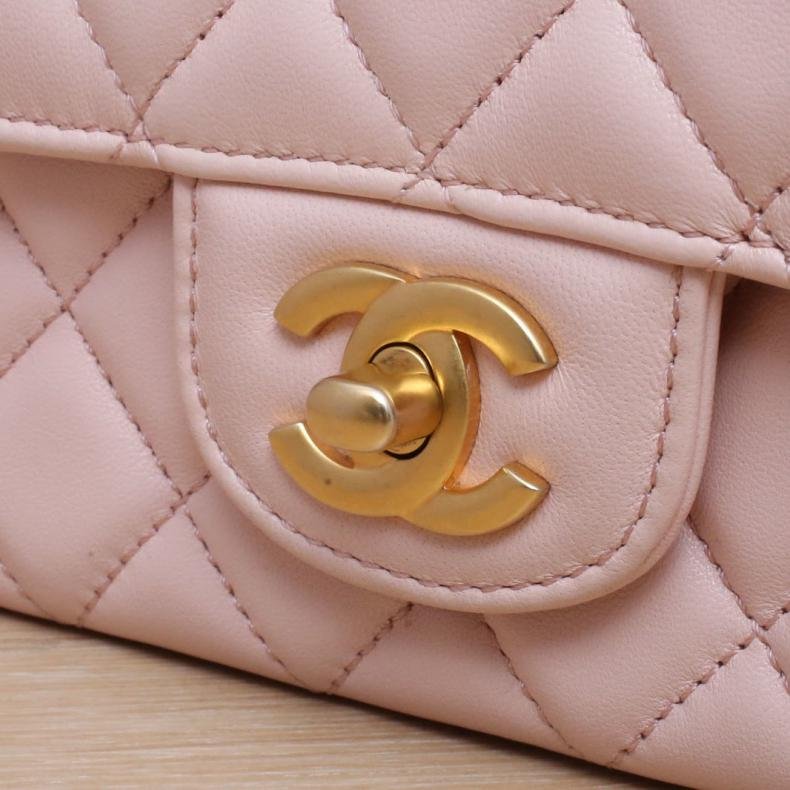 23S CF 口蓋包 大Mini 20cm 粉色 皮革S 晶元開 金扣 雙圈皮穿鏈手柄-4