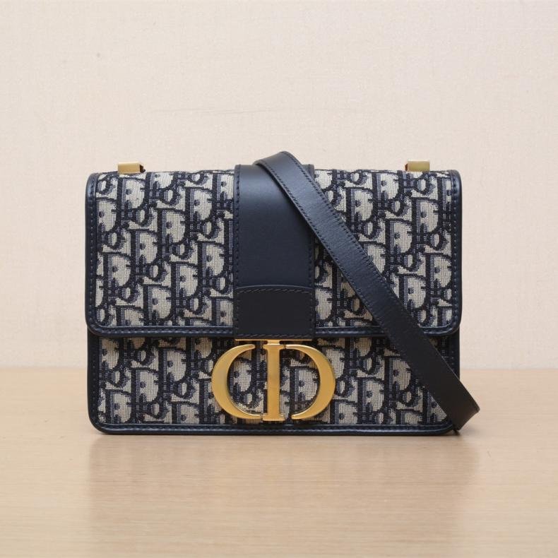 30Montaigne 蒙田 皮肩帶 大號 24拼 藍色 皮革C/帆布 金扣 2019 24 皮革C拼帆布 Oblique印花-0