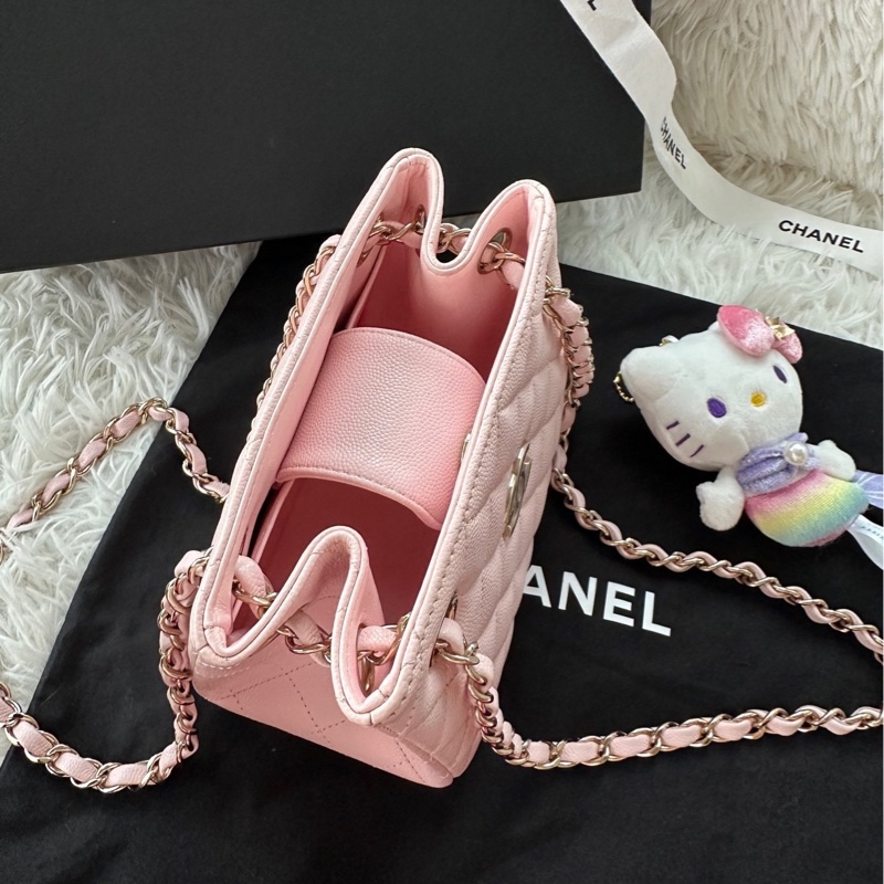 香奈儿 Chanel 22S 粉色 浅粉色 淡粉色 金扣 荔枝牛皮 手提 单肩 腋下-3