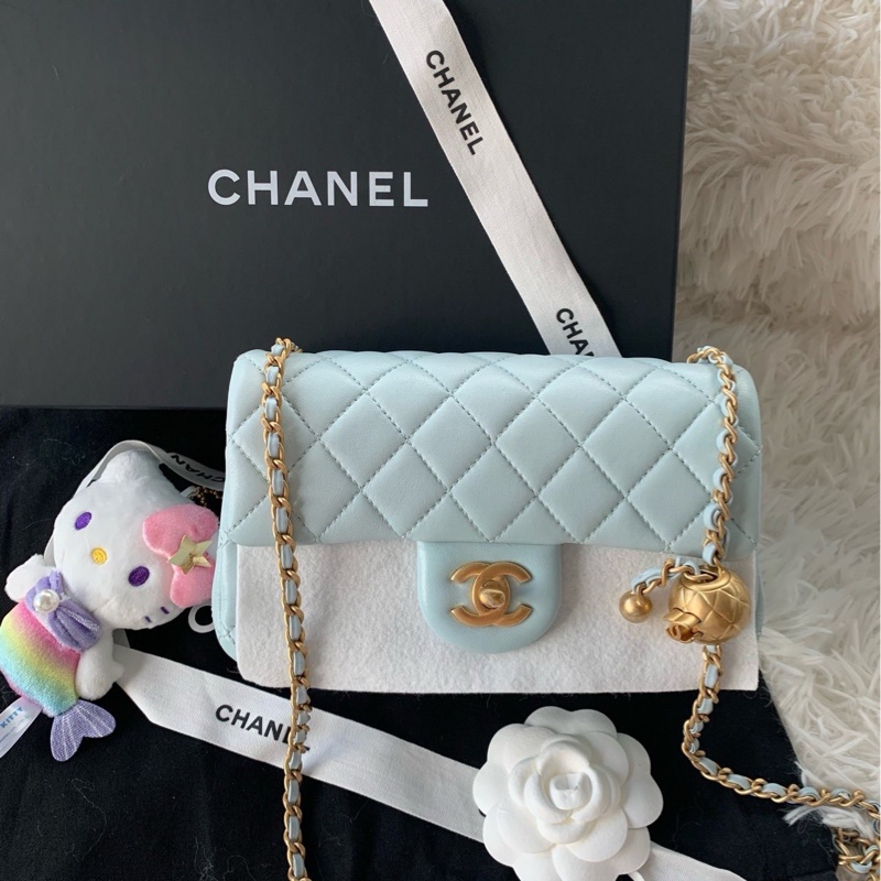 全新 香奈兒 chanel 24k 金球 cf mini baby藍 嬰兒藍 淺藍色 羊皮-0