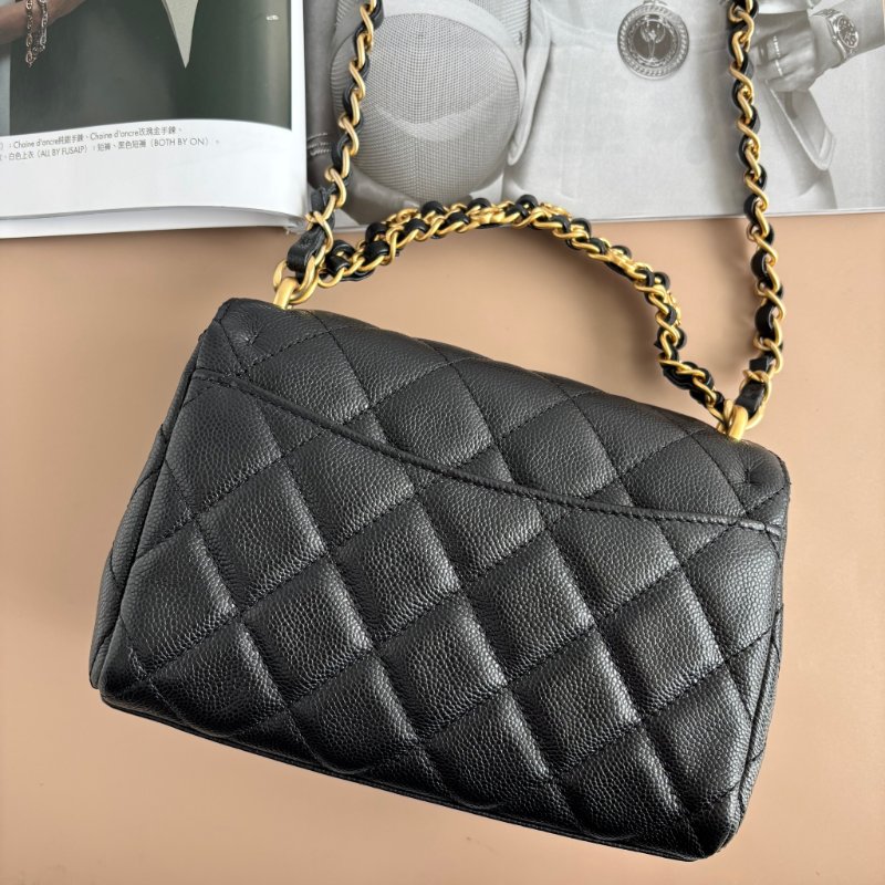 ::CHANEL:: 黑色荔枝紋牛皮 金雙C 雙鍊條皮穿鏈 手提斜背包-1