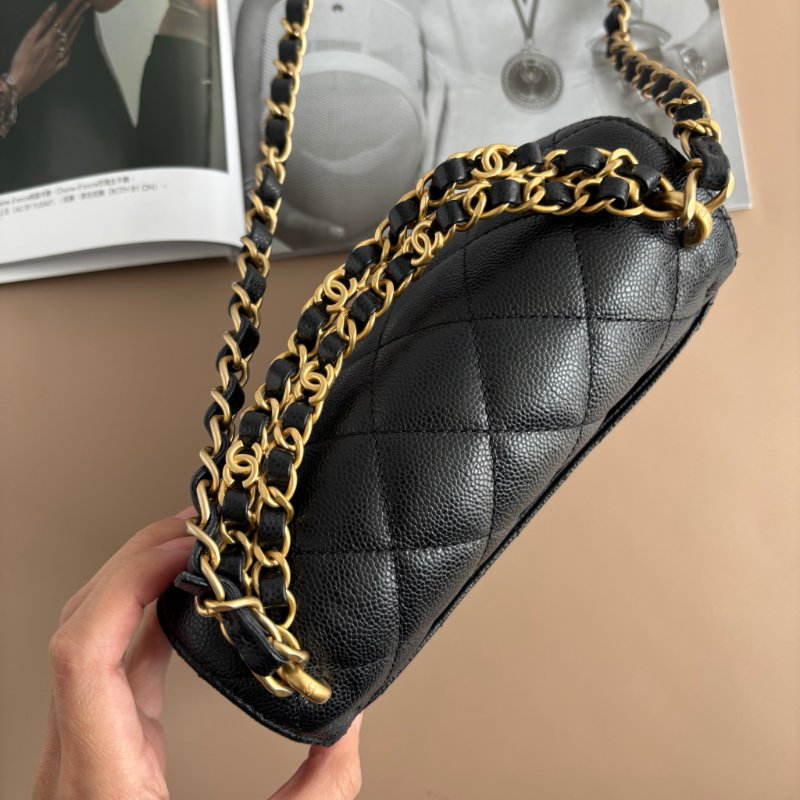 ::CHANEL:: 黑色荔枝紋牛皮 金雙C 雙鍊條皮穿鏈 手提斜背包-3