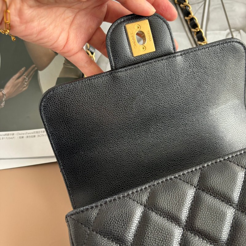 ::CHANEL:: 黑色荔枝紋牛皮 金雙C 雙鍊條皮穿鏈 手提斜背包-13