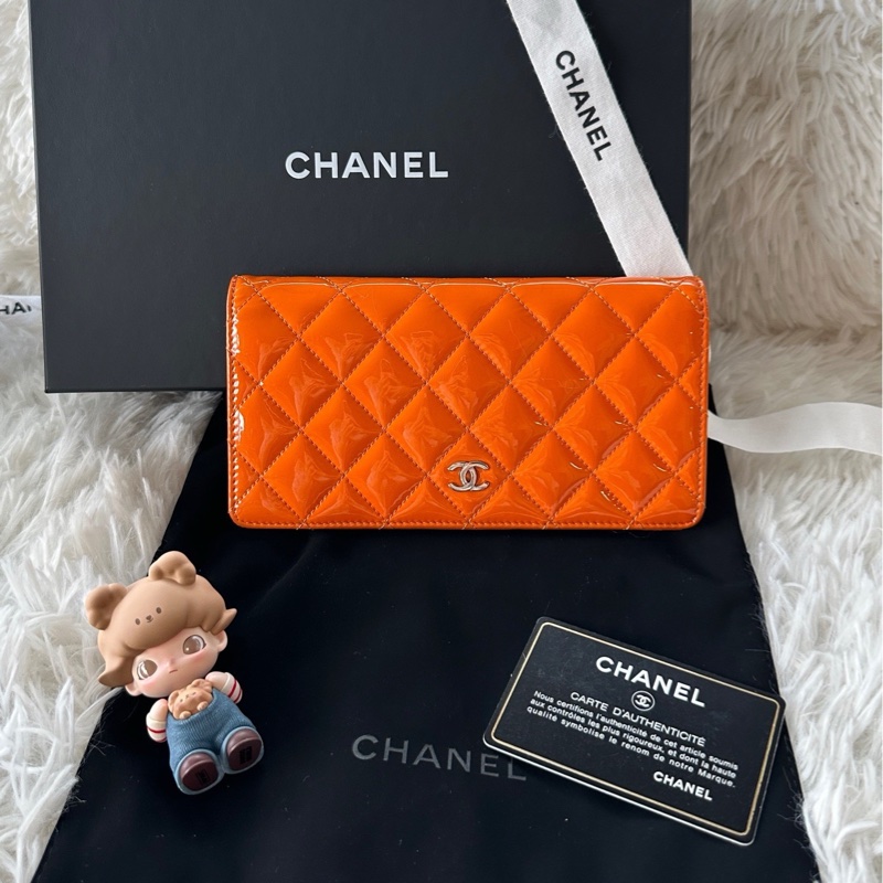 香奈兒 Chanel 14s 錢包 漆皮 橘色 長夾-1