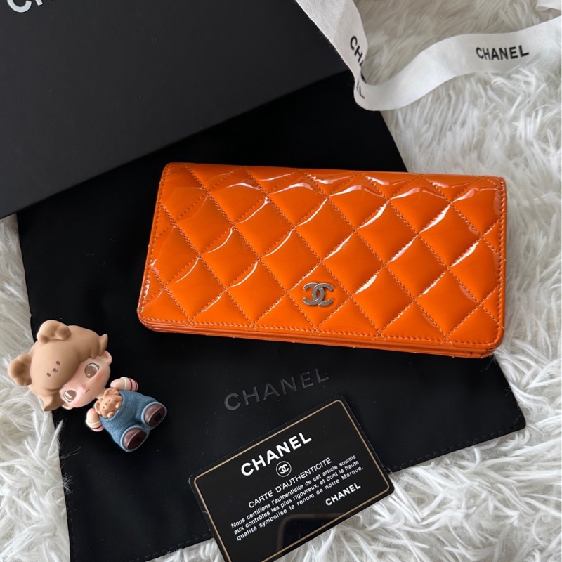 香奈兒 Chanel 14s 錢包 漆皮 橘色 長夾-2