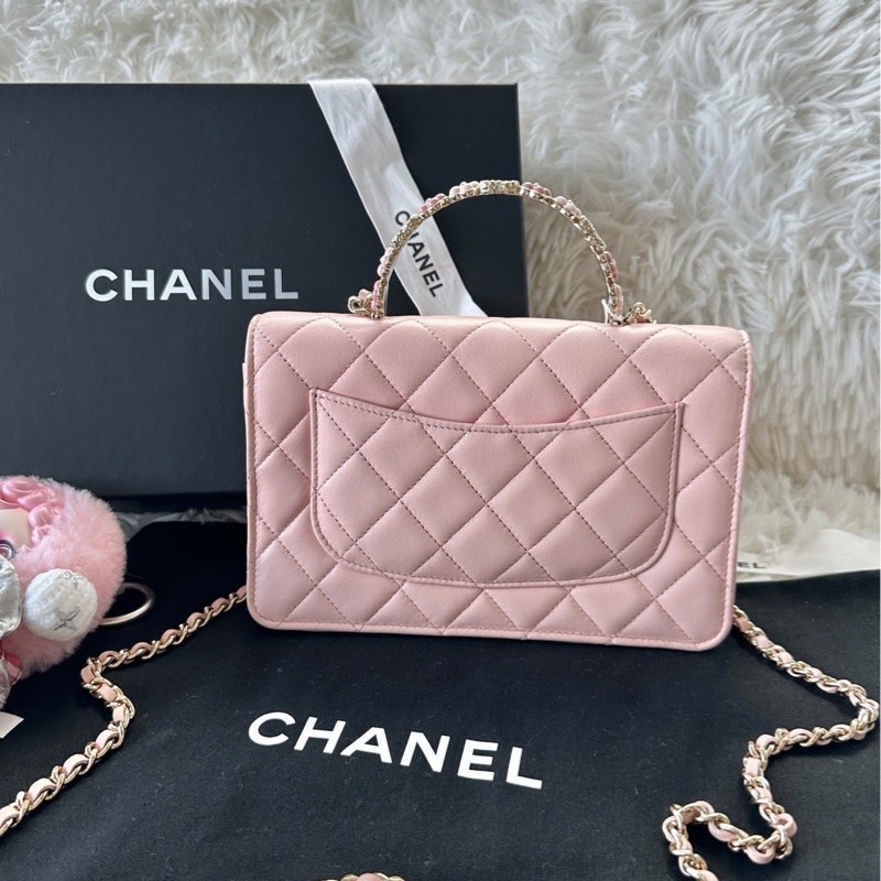 香奈兒 Chanel 23k 琺瑯 花花 手柄 woc 櫻花粉色 羊皮 芯片款-2