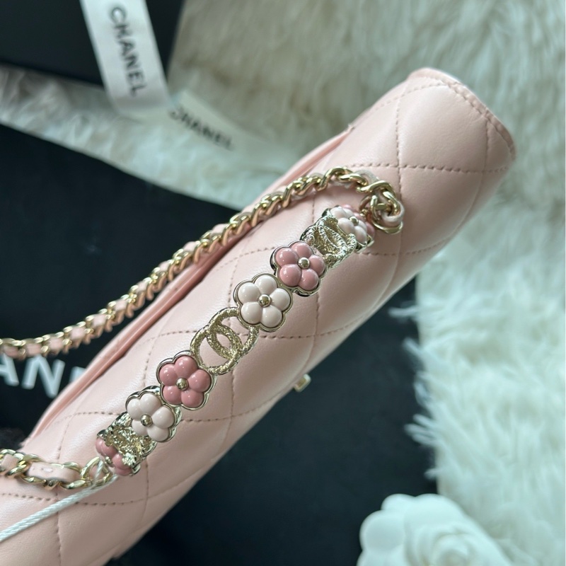 香奈兒 Chanel 23k 琺瑯 花花 手柄 woc 櫻花粉色 羊皮 芯片款-3