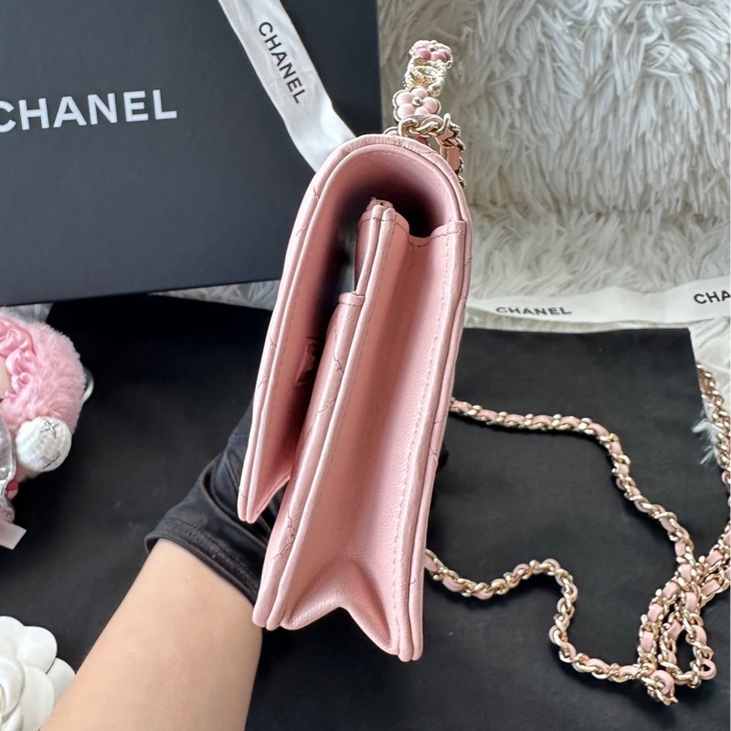 香奈兒 Chanel 23k 琺瑯 花花 手柄 woc 櫻花粉色 羊皮 芯片款-4