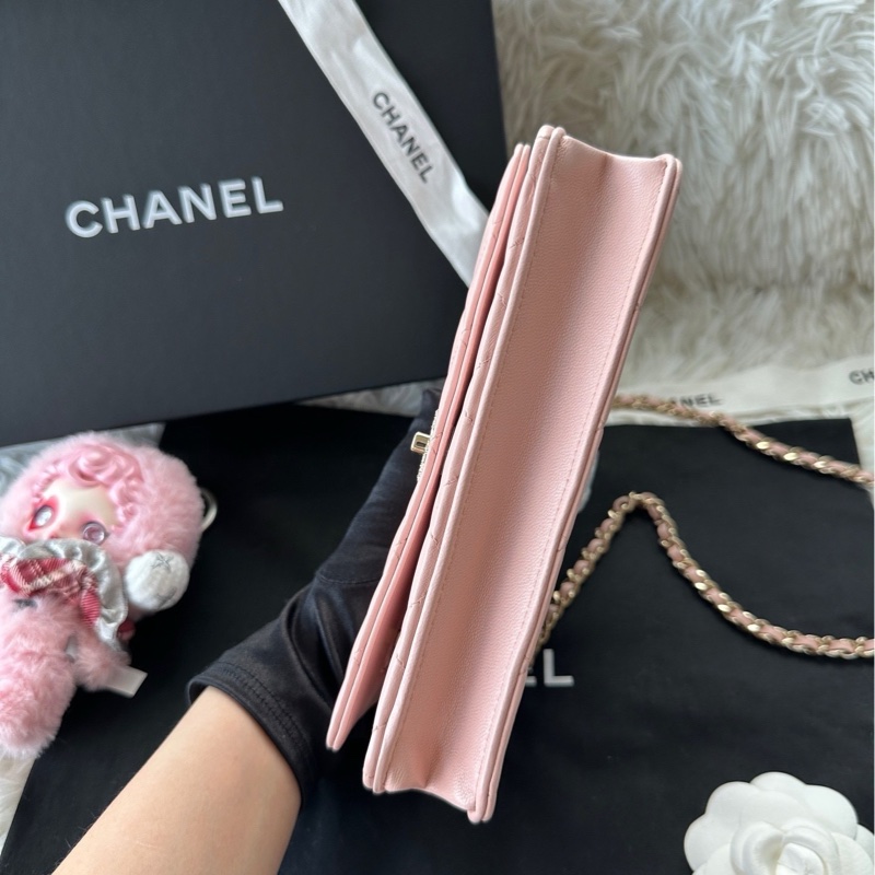 香奈兒 Chanel 23k 琺瑯 花花 手柄 woc 櫻花粉色 羊皮 芯片款-5