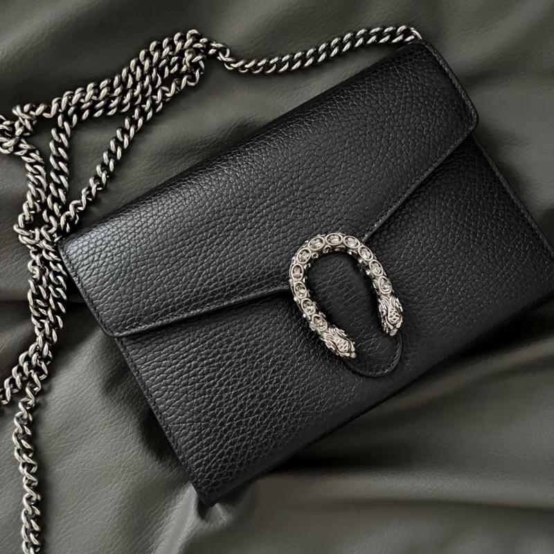 GUCCI 古馳 Dionysus 雙虎頭搭扣鏈條 皮革 錢包斜挎單肩包女款 黑色-0